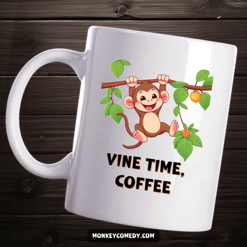 Funny Monkey Mug showing a happy monkey swinging from a vine with a big, wide grin, bringing jungle fun.