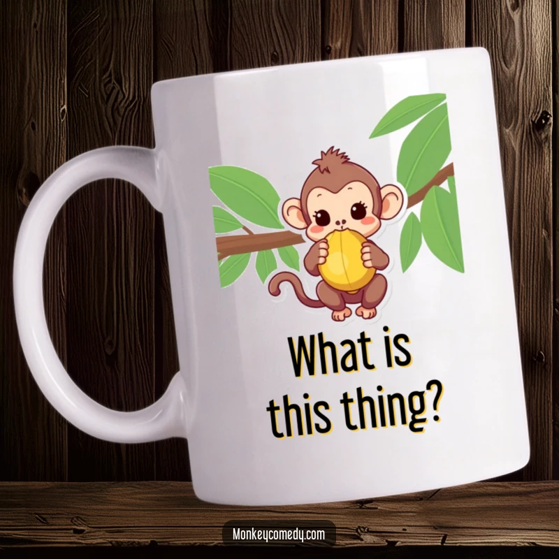 Curious Kawaii Monkey Mug showcasing a cute monkey examining a coconut with wide, inquisitive eyes.