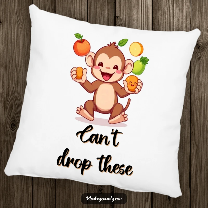 Funny Monkey Juggling Fruits Pillow: A delightful monkey artistfully juggles colorful fruits, adding a comedic touch to this plush cushion.