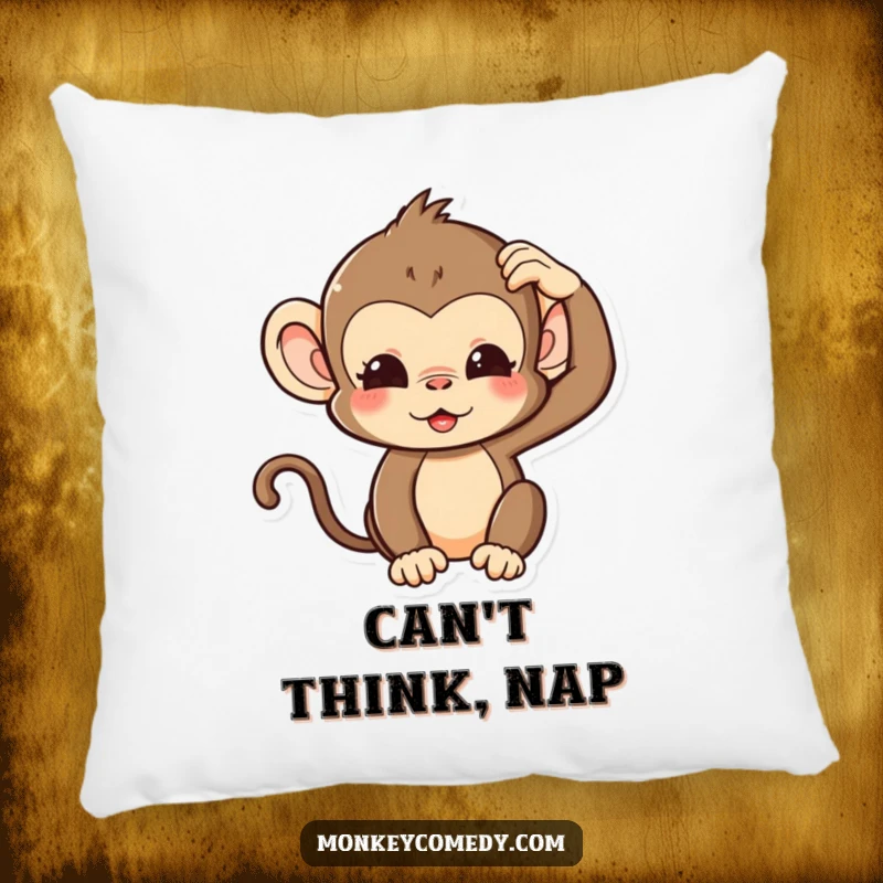 Funny Kawaii Monkey Pillow featuring a cute monkey with a silly expression, scratching its head, designed for comfort and contemplation.
