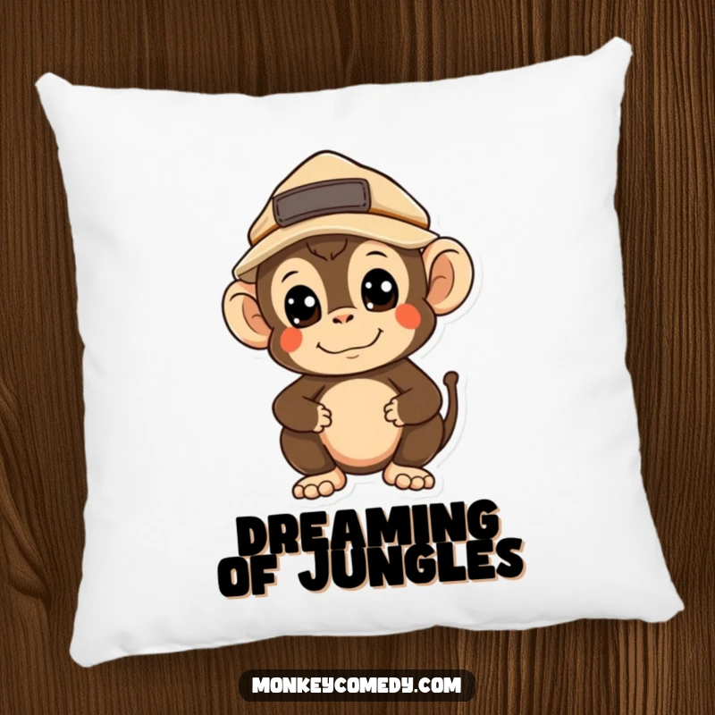 Funny Kawaii Monkey Explorer Pillow: A cute monkey in an explorer hat looks around, offering soft comfort and gentle humor.
