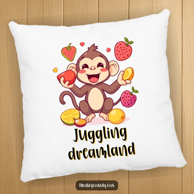 Funny Kawaii Monkey Juggling Pillow: A cute monkey juggles colorful fruits, offering soft comfort and a touch of playful humor.