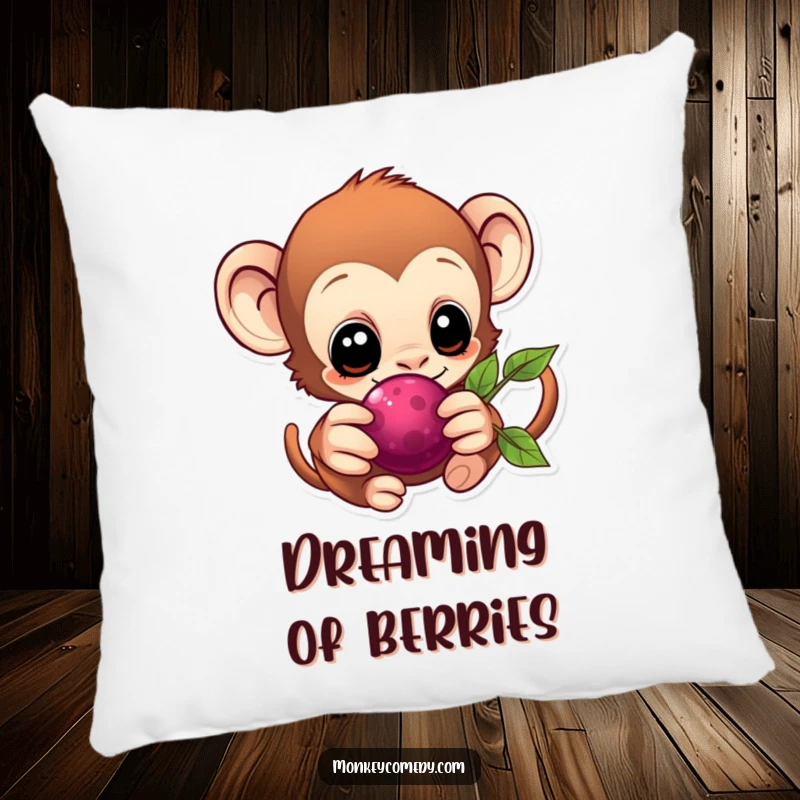 Cozy Kawaii Monkey Pillow with an eager monkey reaching for a berry, perfect for comfort and cuteness.