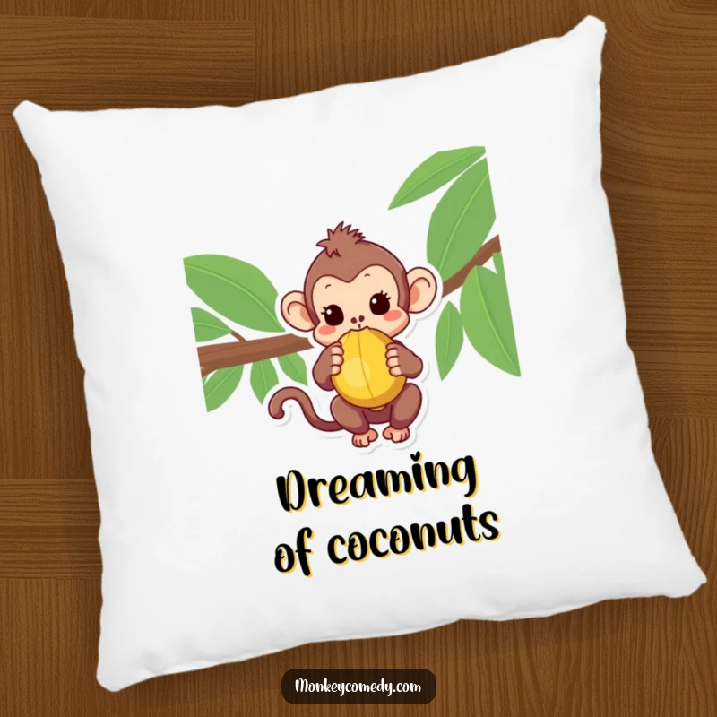 Cozy Kawaii Monkey Pillow with a curious monkey holding a coconut, perfect for adding comfort and cuteness.