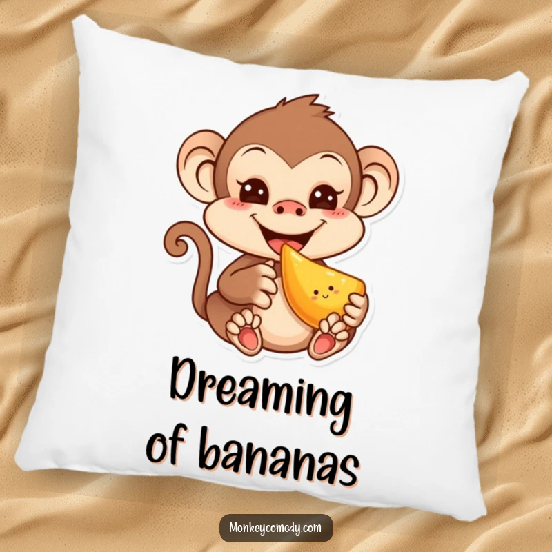 Funny plush pillow featuring a mischievous kawaii monkey with a grin, eating fruit, perfect for cozying up.