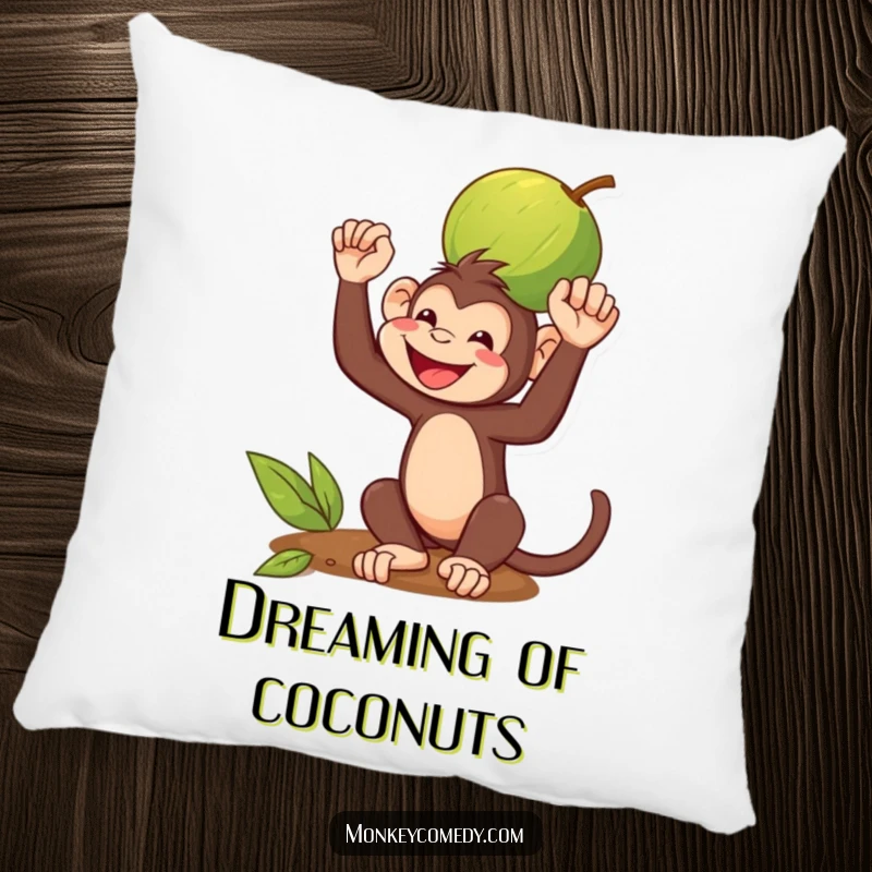 Funny Pillow: A monkey grins while balancing a coconut on its head, a humorous and cozy addition.