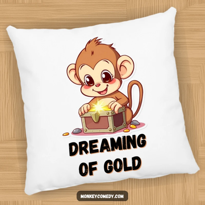 Funny pillow featuring an excited monkey discovering treasure, symbolizing joy, wealth, and comfort.