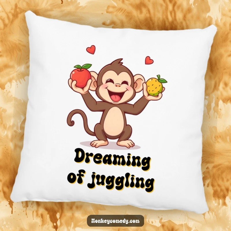 Funny Pillow: A giggling monkey juggles fruits with hands and feet, bringing cozy humor and charm.