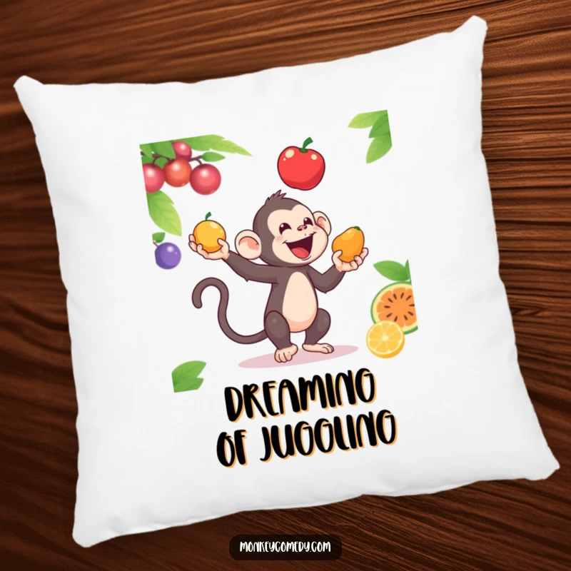 Funny pillow featuring a monkey skillfully juggling three fruits, perfect for adding humor and comfort to any space.