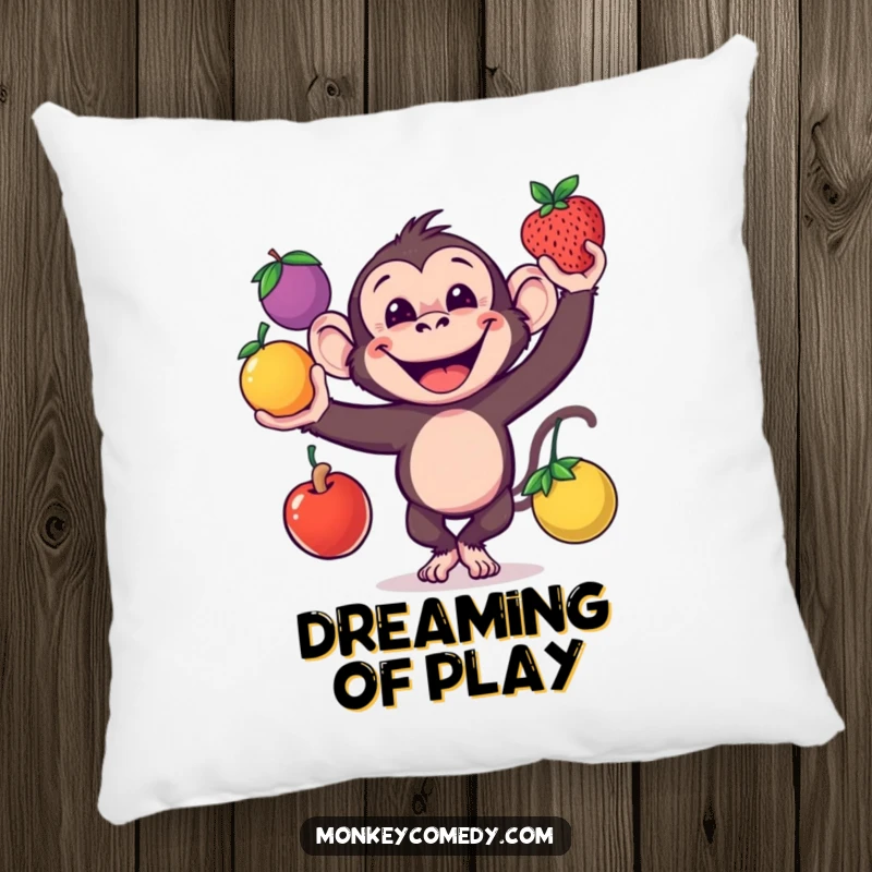 Funny monkey juggling three colorful fruits on a soft decorative pillow, ideal gift.