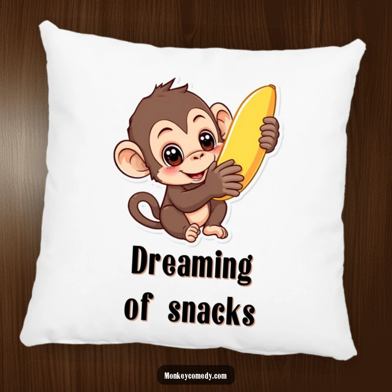 Funny curious monkey pillow featuring a monkey with wide eyes reaching for a banana, offering comfort and humor.