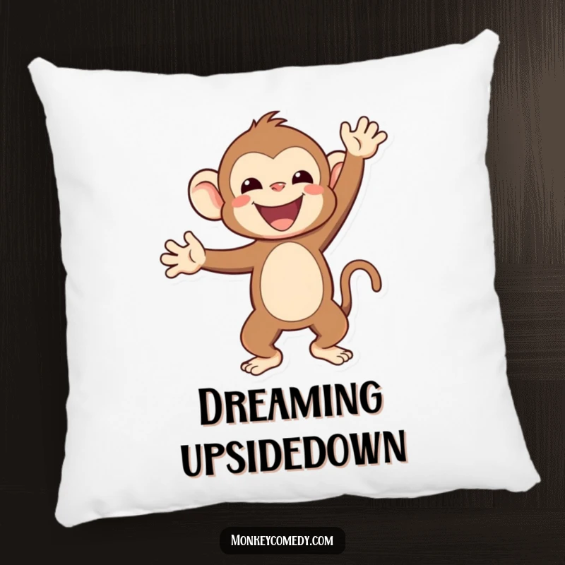 Funny Kawaii monkey doing a happy handstand, printed on a soft decorative pillow, adds fun.