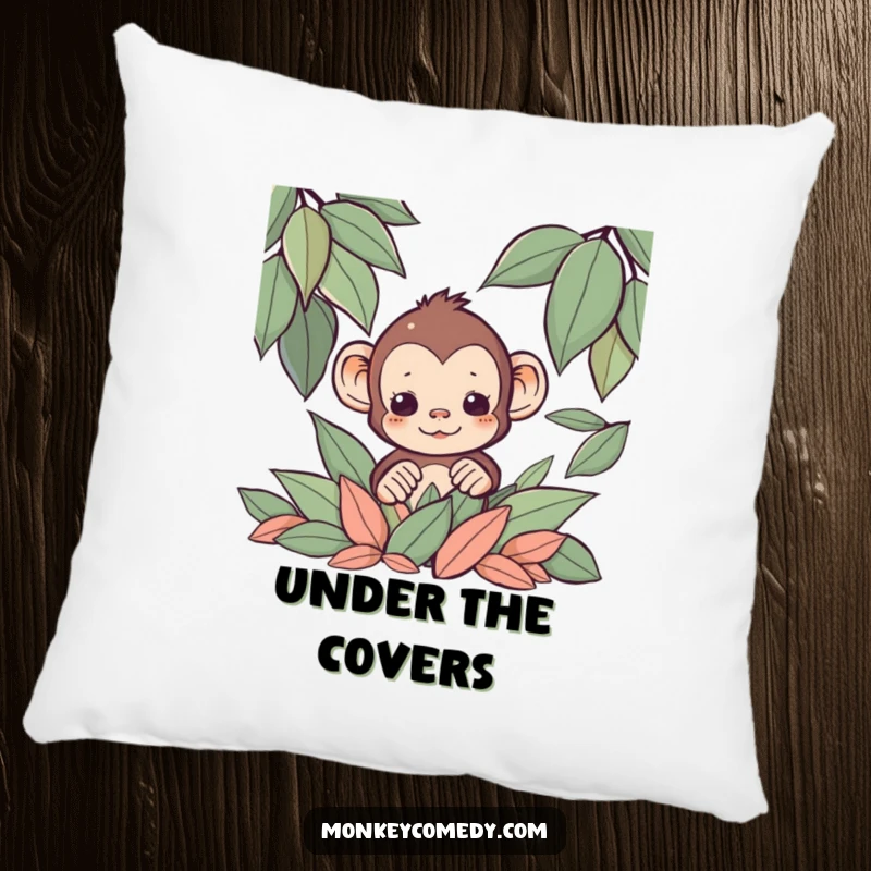 Funny Kawaii monkey peeking from behind a pile of leaves, printed on a soft decorative pillow.