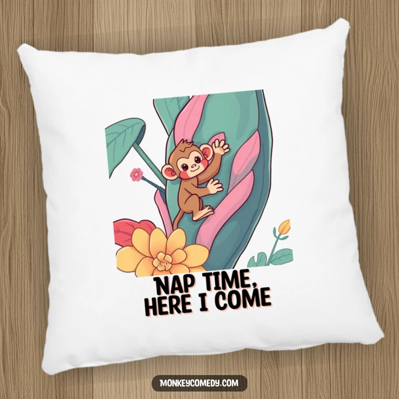 Funny Kawaii monkey pillow, a cute primate humorously climbing a huge, vibrant plant, soft and funny gift.