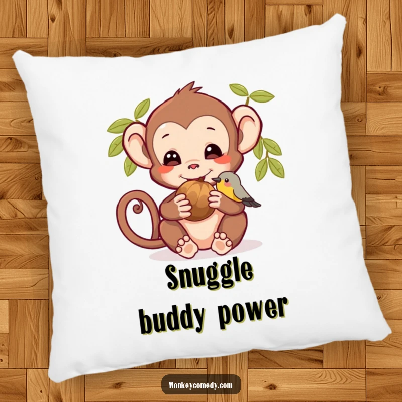 Funny pillow showcasing a monkey and bird sharing a nut, a soft and humorous accent for any room.