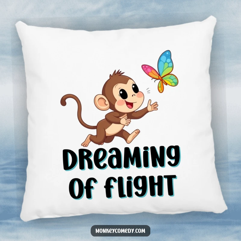Funny Monkey Chasing Butterfly Pillow: Soft pillow displaying a monkey excitedly chasing a beautiful butterfly, adding comfort and humor to any room.