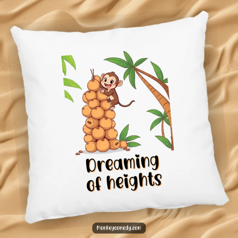 Funny pillow showing a determined monkey climbing a large pile of coconuts, bringing comfort and humor to any room.
