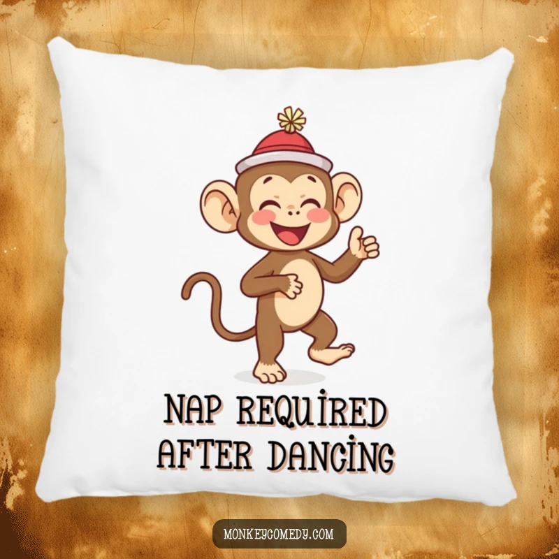Funny monkey wearing a tiny hat, giggling happily while dancing, designed for a comfortable and funny pillow gift.