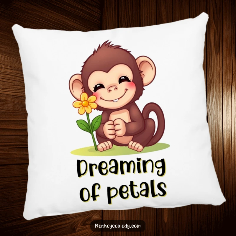 Funny Monkey Flower Pillow: Soft pillow featuring a smiling monkey offering a small flower, perfect for adding sweet comfort and charm.