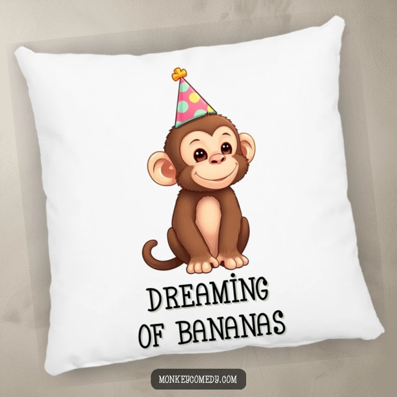 Funny Monkey Pillow showing a happy monkey with a small party hat, offering comfort and a dose of laughter to your home decor.