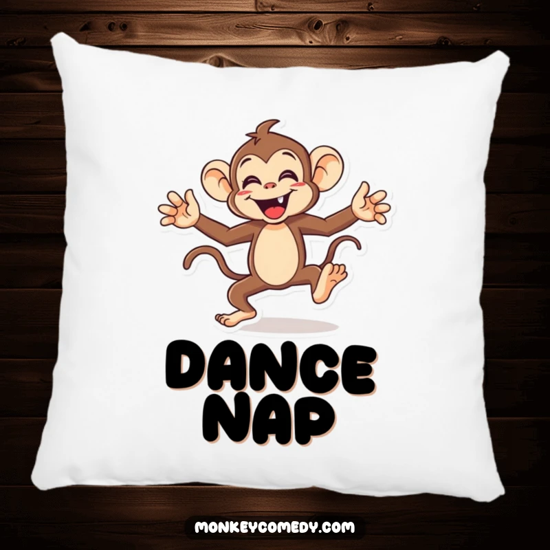 Funny monkey pillow featuring an energetic character doing a funny dance with arms and legs flailing, offering comfort and humor.