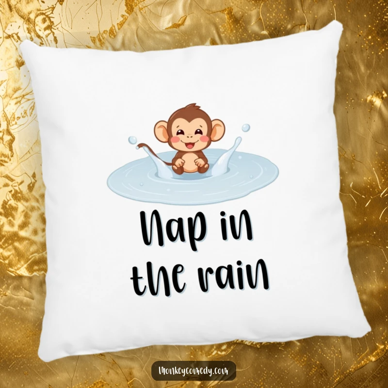 Funny monkey puddle splash pillow, a plush cushion featuring a primate joyfully splashing, adding comfort and playful vibes.