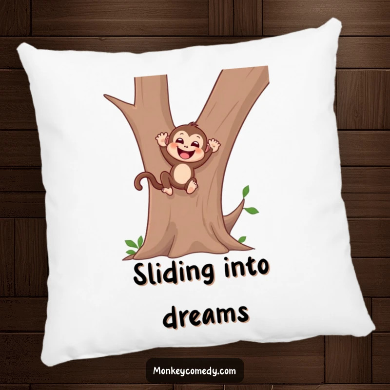 Funny monkey pillow showcasing a gleeful monkey sliding down a smooth tree trunk, bringing carefree joy to your space.