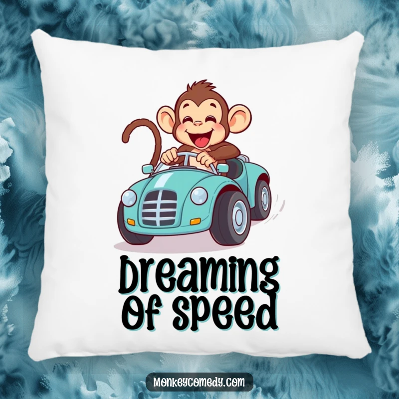 Funny monkey toy car race pillow, a plush cushion featuring a primate speeding in a large toy car, comfy and amusing.