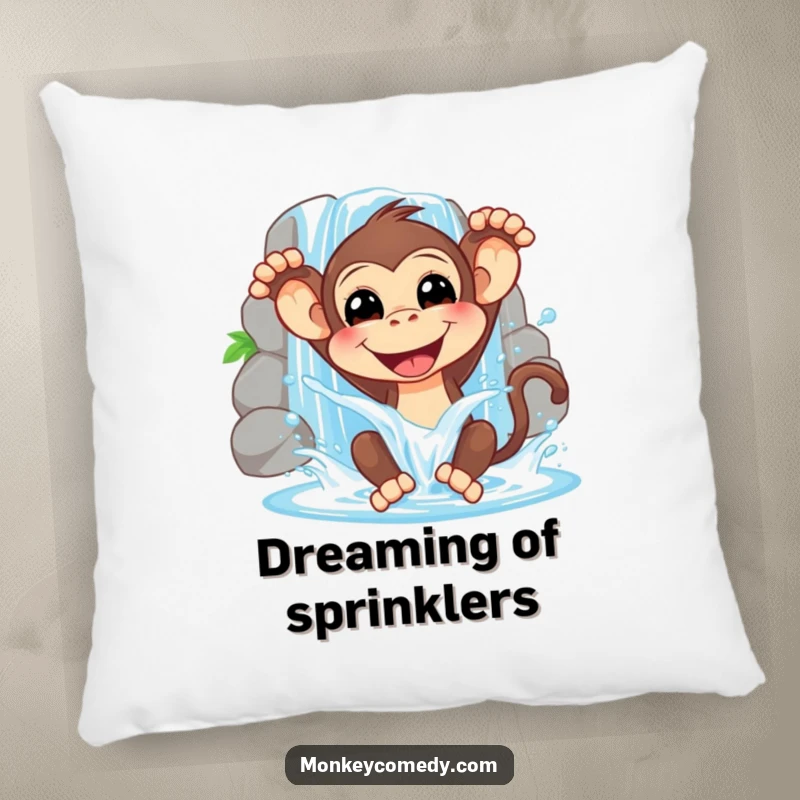 Funny pillow featuring a happy monkey splashing water from a waterfall, offering comfort and a playful, watery embrace.