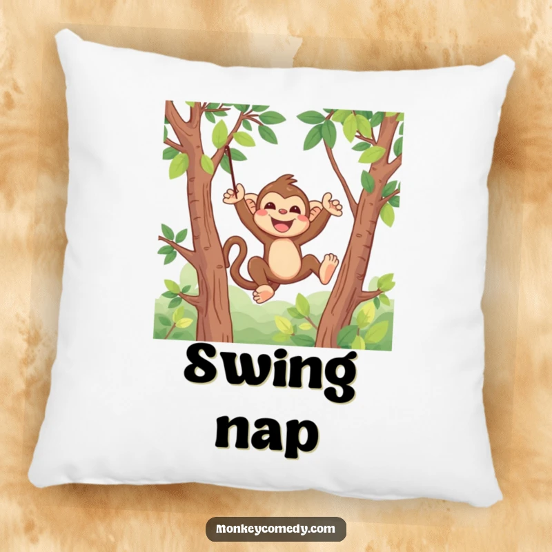 Funny Kawaii Monkey Pillow: A soft, plush pillow featuring a cute monkey swinging happily through trees.