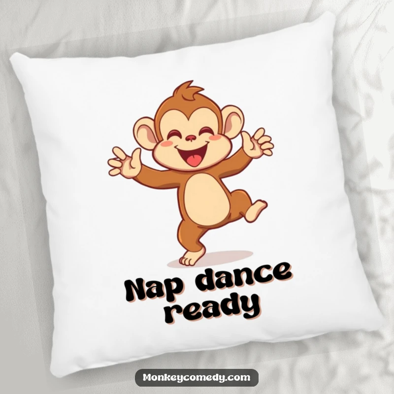 Funny pillow showcasing a monkey enthusiastically dancing with arms thrown wide, offering comfort and a sprinkle of primate-induced silliness.