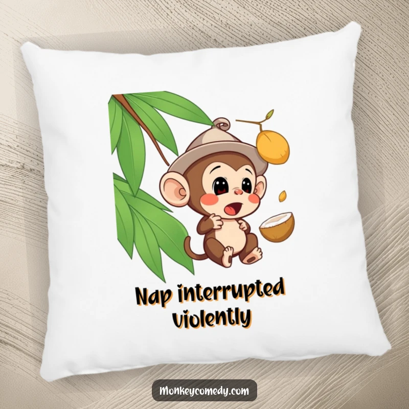 Funny surprised monkey pillow featuring a monkey in a hat looking shocked by a falling coconut, offering comfort and laughs.