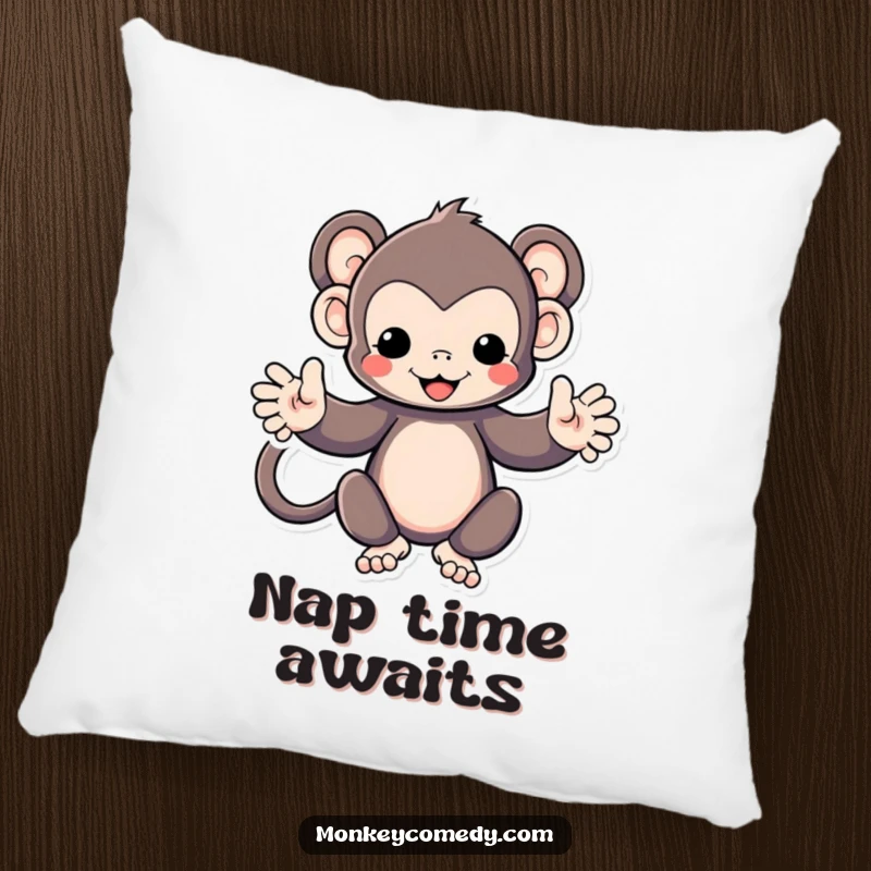 Funny Kawaii monkey with arms spread wide, offering a hug, printed on a soft square pillow, decorative and cozy.