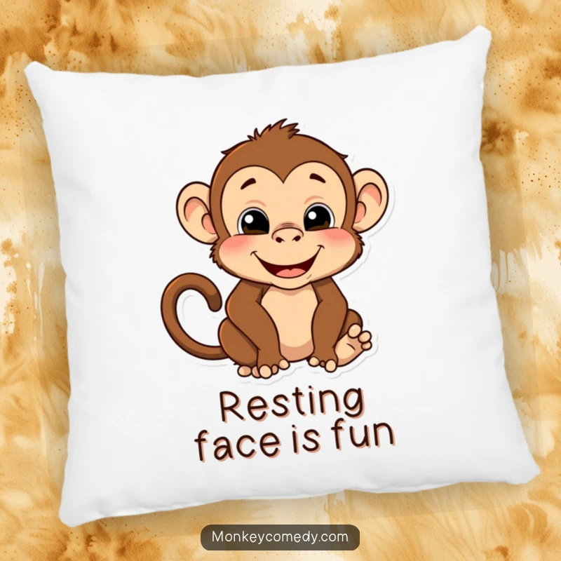 Funny pillow featuring a monkey making a funny face and a silly pose, offering comfort with a side of hilarious primate expressions.