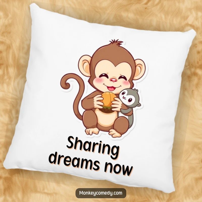 Funny Kawaii Monkey Pillow: A cute monkey shares a nut, offering plush comfort and adorable friendship vibes.