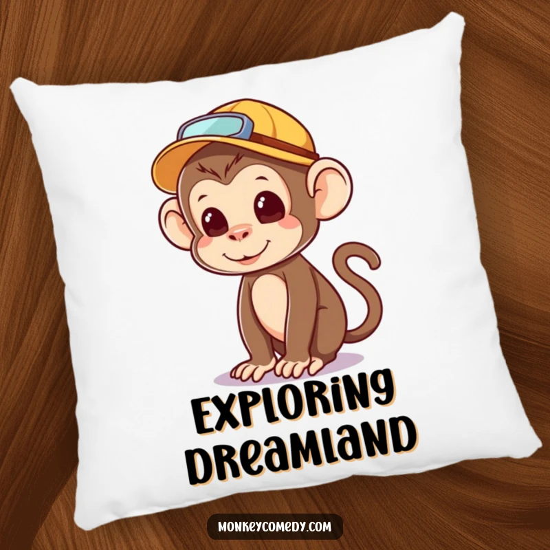 Funny kawaii monkey pillow, explorer hat, looking around inquisitively, soft and huggable adventure friend.