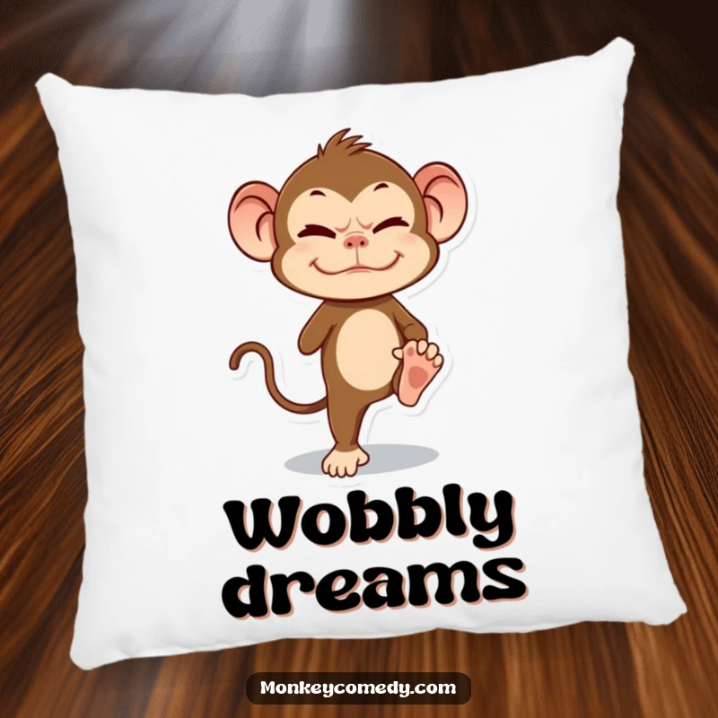 Funny Monkey Pillow showing a primate hilariously balancing on one leg with a grimace, offering comfort and humor.