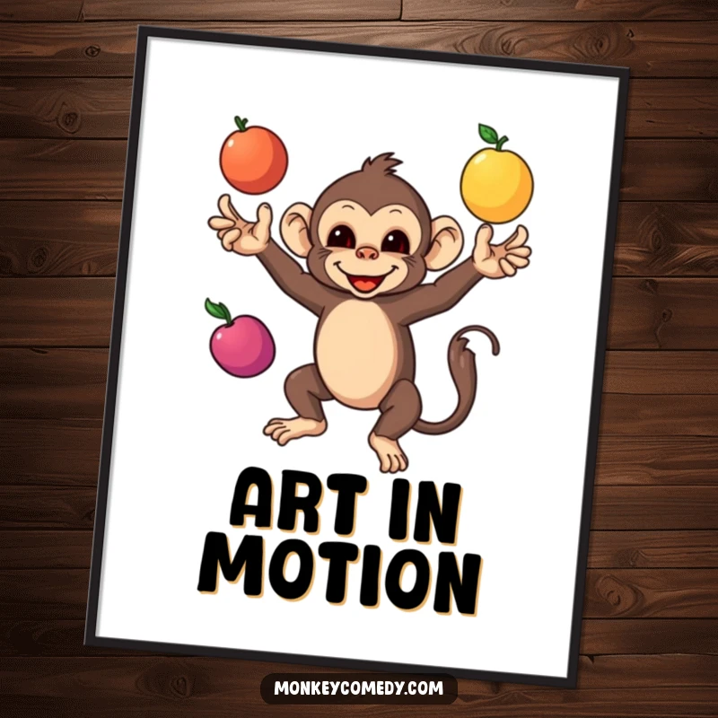 Funny Monkey Digital Art Print of a monkey juggling colorful fruits, showcasing skill, fun, and a delightful artistic statement.