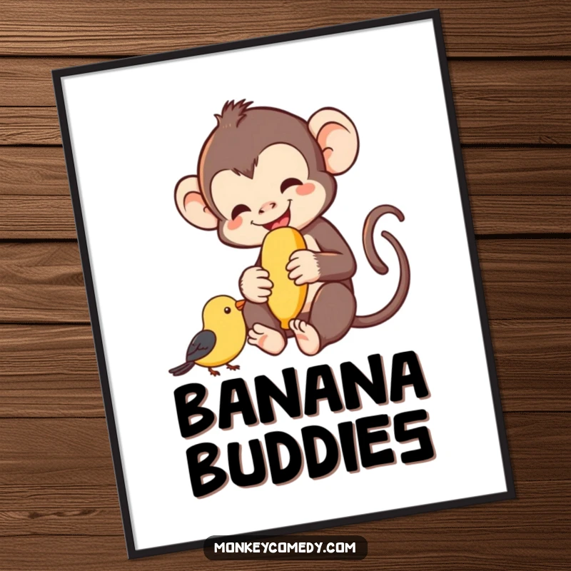 Funny monkey happily sharing a banana with a small bird, cheerful digital art, ideal funny gift.