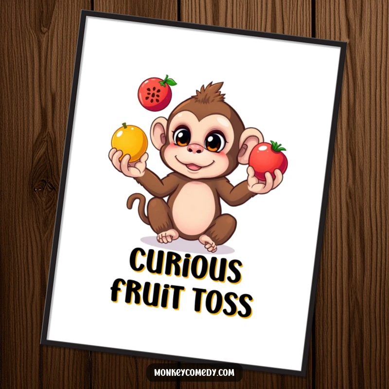 Funny monkey digital art print of a curious monkey juggling three colorful fruits, adding playful jungle whimsy.