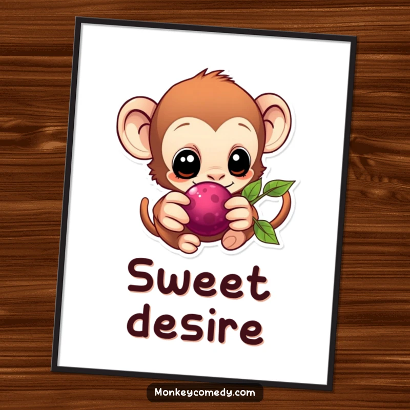 Eager Kawaii Monkey Digital Art Print of a monkey reaching for a berry, ready for instant download.