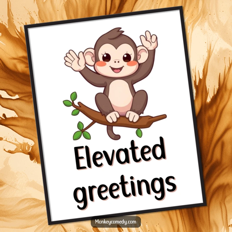 Funny digital art print of a monkey on a branch waving playfully, perfect for cheerful and welcoming wall decor.