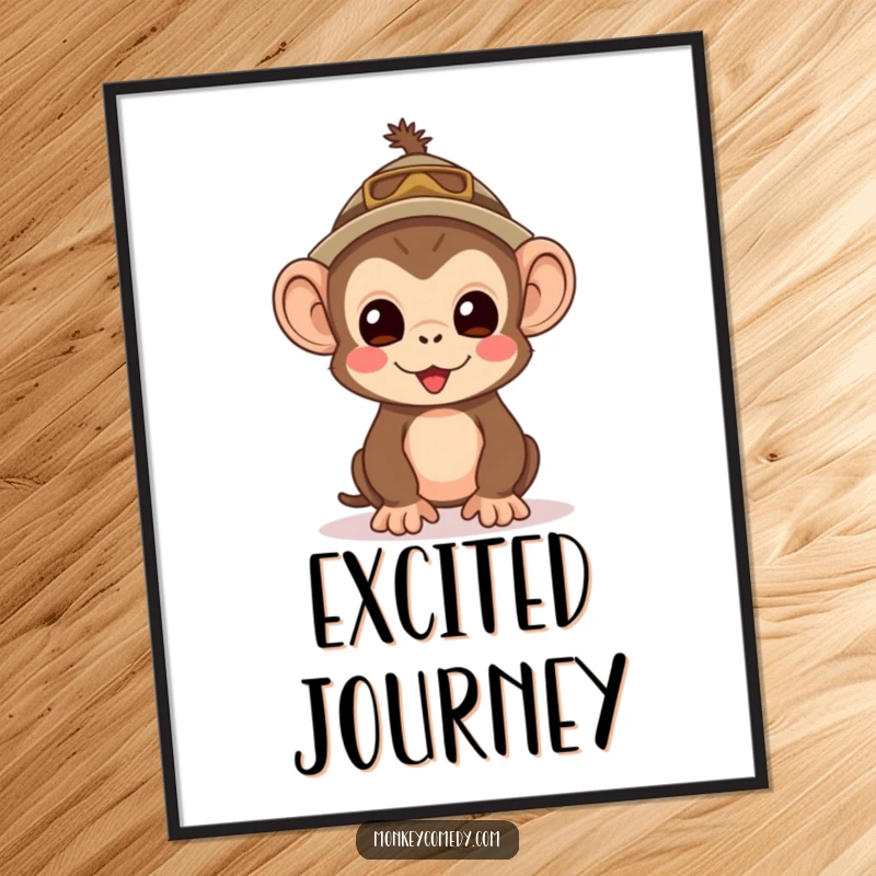 Funny Kawaii Monkey Explorer Digital Art Print: A high-quality printable of a cute monkey in an explorer hat, looking excited.