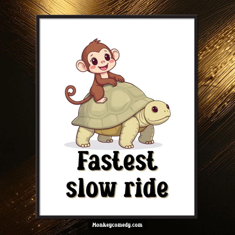 Funny digital art print of a monkey gleefully riding a tortoise, capturing a moment of pure, unhurried joy and interspecies friendship.