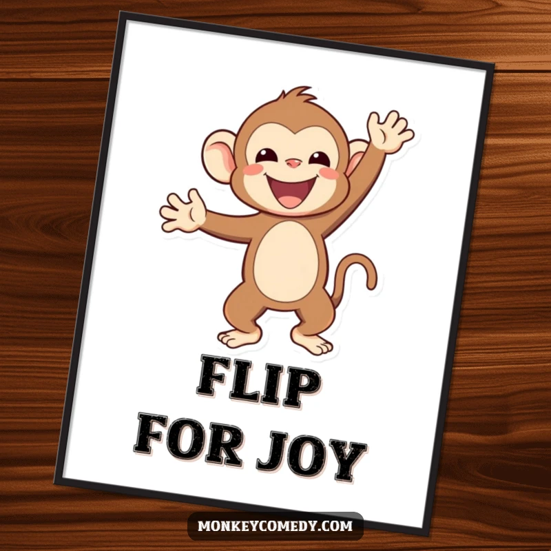 Funny Kawaii monkey in a happy handstand pose as a downloadable digital art print, energetic.