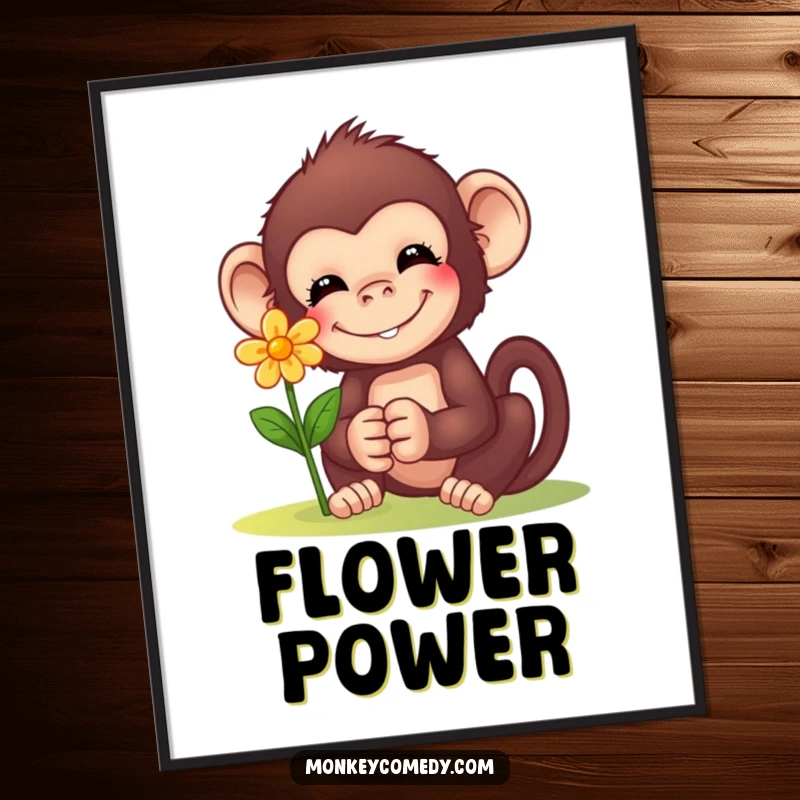 Funny Monkey Flower Digital Art Print: High-resolution art of a smiling monkey offering a flower, for instant sweet and heartwarming home decor.