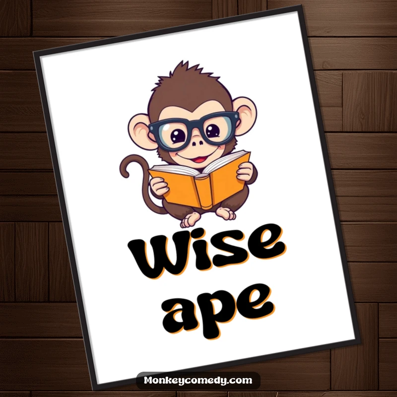 Funny Monkey Digital Art Print: A humorous monkey with oversized glasses reads a tiny book, perfect for intellectual wall decor.