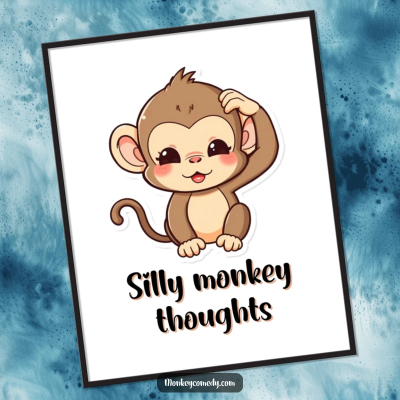 Funny Kawaii Monkey Digital Art Print of a cute monkey with a silly expression and scratching its head, perfect for adding humor.
