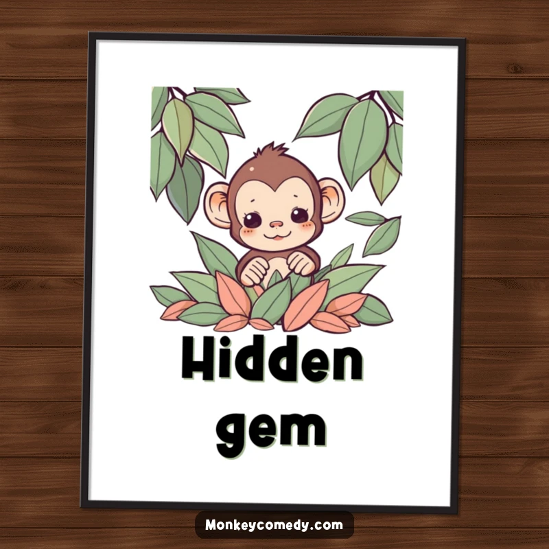 Funny Kawaii monkey peeking from a pile of leaves as a downloadable digital art print, woodland theme.