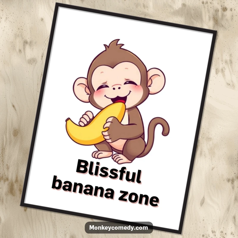 Funny monkey eyes closed in bliss, ecstatically eating a banana, available as an instant download funny digital art print gift.
